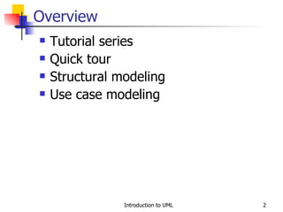Overview Tutorial series Quick tour Structural modeling Use case modeling 