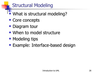 Structural Modeling What is structural modeling? Core concepts Diagram tour When to model structure Modeling tips Example: Interface-based design 