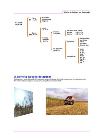 A Usina de Açúcar e sua Automação
A colheita da cana-de-açúcar
Após atingir o ponto adequado de maturação, a cana-de-açúcar é colhida manualmente ou mecanicamente.
No corte mecânico, dispensa-se a queima das palhas antes da colheita.
Celulose
Pentosanas
Lignina
Água
75 - 82%
Sólidos
Solúveis
18-25%
açúcares
15,5 - 24%
não-açúcares
1,0 - 2,5%
sacarose 14,5 - 24,0%
glicose 0,2 - 1,0%
frutose 0,0 - 0,5%
orgânicos
inorgânicos
aminoácidos
gorduras
ceras
corantes
ácidos, etc.
SiO
2
K2O
P 2O 5
CaO
MgO
Na
2
O
Fe
2
O
3
SO 3
Cl
Fibra
8,0 - 14,0%
Caldo
86,0 - 92,0%
CANA-DE-
AÇÚCAR
 