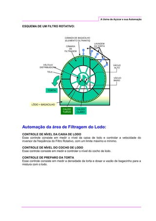 A Usina de Açúcar e sua Automação
ESQUEMA DE UM FILTRO ROTATIVO:
Automação da área de Filtragem do Lodo:
CONTROLE DE NÍVEL DA CAIXA DE LODO
Esse controle consiste em medir o nível da caixa de lodo e controlar a velocidade do
inversor de freqüência do Filtro Rotativo, com um limite máximo e mínimo.
CONTROLE DE NÍVEL DO COCHO DE LODO
Esse controle consiste em medir e controlar o nível do cocho de lodo.
CONTROLE DE PREPARO DA TORTA
Esse controle consiste em medir a densidade da torta e dosar a vazão de bagacinho para a
mistura com o lodo.
LÔDO + BAGACILHO
LAVAGEM
DA TORTA
TORTA
TELA
CÂMARA
DE
FILTRAGEM
VÁCUO
ALTO
VÁCUO
BAIXO
VÁLVULA
DISTRIBUIDORA
CAMADA DE BAGACILHO
(ELEMENTO FILTRANTE)
CALDO
CLARO
CALDO
TURVO
 