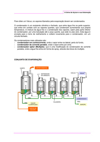 A Usina de Açúcar e sua Automação
Para obter um Vácuo, os vapores liberados pela evaporação devem ser condensados.
O condensador é um recipiente cilíndrico e fechado, que entra água fria na parte superior,
que entra em contato com os vapores quentes, que condensam aumentando sua própria
temperatura. A mistura da água fria e o condensado dos vapores, saem pela parte inferior
do condensador, por uma tubulação até o poço quente, que está no piso zero. Esta água é
enviada para a torre de resfriamento e voltará novamente para o condensador, em um
circuito fechado.
Os condensadores mais utilizados são:
- condensador em contracorrente, onde o vapor entra na lateral, perto do fundo.
- condensador de corrente paralela, onde o vapor entra por cima.
- condensador ejetor (Multijato), que é uma modificação do condensador de corrente
paralela, onde a água fria entra em forma de spray, através dos bicos do multijato.
CONJUNTO DE EVAPORAÇÃO:
VAPOR VEGETAL
PRÉ
1 º
EFEITO
2 º
EFEITO
3 º
EFEITO
CALDO
CLARIFICADO XAROPE
VAPOR DE
ESCAPE
ÁGUAVÁCUO
CALANDRA
SEPARADOR
DE ARRASTE
CORPO
15Bx
20Bx
4 º
EFEITO
CONDENSADO
65Bx
 