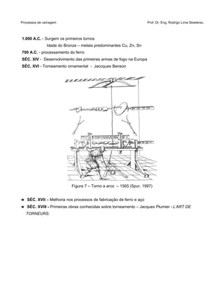 Processos de usinagem Prof. Dr. Eng. Rodrigo Lima Stoeterau
1.000 A.C. - Surgem os primeiros tornos
Idade do Bronze – metais predominantes Cu, Zn, Sn
700 A.C. - processamento do ferro
SÉC. XIV - Desenvolvimento das primeiras armas de fogo na Europa
SÉC. XVI - Torneamento ornamental - Jaccques Benson
Figura 7 – Torno a arco – 1565 (Spur, 1997)
➔ SÉC. XVII – Melhoria nos processos de fabricação de ferro e aço
➔ SÉC. XVIII - Primeiras obras conhecidas sobre torneamento – Jacques Plumier - L’ART DE
TORNEURS.
 