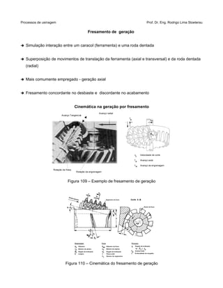 Processos de usinagem Prof. Dr. Eng. Rodrigo Lima Stoeterau
Fresamento de geração
➔ Simulação interação entre um caracol (ferramenta) e uma roda dentada
➔ Superposição de movimentos de translação da ferramenta (axial e transversal) e da roda dentada
(radial)
➔ Mais comumente empregado - geração axial
➔ Fresamento concordante no desbaste e discordante no acabamento
Cinemática na geração por fresamento
Figura 109 – Exemplo de fresamento de geração
Figura 110 – Cinemática do fresamento de geração
f
a
+-
sw
vc
v Velocidade de corte
f Avanço axial
f Avanço da engrenagem
c
a
w
Rotação da fresa
Rotação da engrenagem
Avanço Tangencial
Avanço radial
 