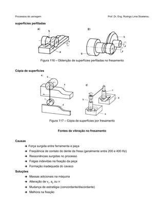 Processos de usinagem Prof. Dr. Eng. Rodrigo Lima Stoeterau
superfícies perfiladas
Figura 116 – Obtenção de superfícies perfiladas no fresamento
Cópia de superfícies
Figura 117 – Cópia de superfícies por fresamento
Fontes de vibração no fresamento
Causas
➔ Força surgida entre ferramenta e peça
➔ Freqüência de contato do dente da fresa (geralmente entre 200 e 400 Hz)
➔ Ressonâncias surgidas no processo
➔ Folgas indevidas na fixação da peça
➔ Formação inadequada do cavaco
Soluções
➔ Massas adicionais na máquina
➔ Alteração de vc, ap ou n
➔ Mudança de estratégia (concordante/discordante)
➔ Melhora na fixação
 