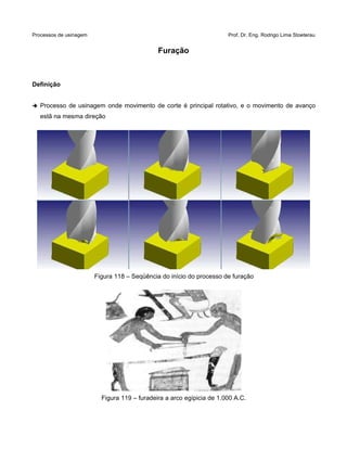 Processos de usinagem Prof. Dr. Eng. Rodrigo Lima Stoeterau
Furação
Definição
➔ Processo de usinagem onde movimento de corte é principal rotativo, e o movimento de avanço
estã na mesma direção
Figura 118 – Seqüência do início do processo de furação
Figura 119 – furadeira a arco egípicia de 1.000 A.C.
 