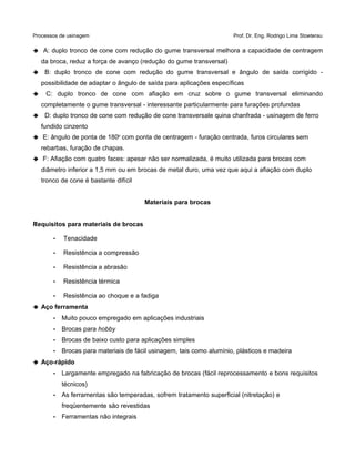 Processos de usinagem Prof. Dr. Eng. Rodrigo Lima Stoeterau
➔ A: duplo tronco de cone com redução do gume transversal melhora a capacidade de centragem
da broca, reduz a força de avanço (redução do gume transversal)
➔ B: duplo tronco de cone com redução do gume transversal e ângulo de saída corrigido -
possibilidade de adaptar o ângulo de saída para aplicações específicas
➔ C: duplo tronco de cone com afiação em cruz sobre o gume transversal eliminando
completamente o gume transversal - interessante particularmente para furações profundas
➔ D: duplo tronco de cone com redução de cone transversale quina chanfrada - usinagem de ferro
fundido cinzento
➔ E: ângulo de ponta de 180o
com ponta de centragem - furação centrada, furos circulares sem
rebarbas, furação de chapas.
➔ F: Afiação com quatro faces: apesar não ser normalizada, é muito utilizada para brocas com
diâmetro inferior a 1,5 mm ou em brocas de metal duro, uma vez que aqui a afiação com duplo
tronco de cone é bastante difícil
Materiais para brocas
Requisitos para materiais de brocas
• Tenacidade
• Resistência a compressão
• Resistência a abrasão
• Resistência térmica
• Resistência ao choque e a fadiga
➔ Aço ferramenta
• Muito pouco empregado em aplicações industriais
• Brocas para hobby
• Brocas de baixo custo para aplicações simples
• Brocas para materiais de fácil usinagem, tais como alumínio, plásticos e madeira
➔ Aço-rápido
• Largamente empregado na fabricação de brocas (fácil reprocessamento e bons requisitos
técnicos)
• As ferramentas são temperadas, sofrem tratamento superficial (nitretação) e
freqüentemente são revestidas
• Ferramentas não integrais
 