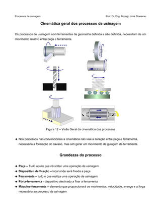 Processos de usinagem Prof. Dr. Eng. Rodrigo Lima Stoeterau
Cinemática geral dos processos de usinagem
Os processos de usinagem com ferramentas de geometria definida e não definida, necessitam de um
movimento relativo entre peça e ferramenta.
Figura 12 – Visão Geral da cinemática dos processos
➔ Nos processos não convencionais a cinemática não visa a iteração entre peça e ferramenta,
necessária a formação do cavaco, mas sim gerar um movimento de guiagem da ferramenta.
Grandezas do processo
➔ Peça – Tudo aquilo que irá sofrer uma operação de usinagem
➔ Dispositivo de fixação – local onde será fixada a peça
➔ Ferramenta – tudo o que realiza uma operação de usinagem
➔ Porta-ferramenta - dispositivo destinado a fixar a ferramenta
➔ Máquina-ferramenta – elemento que proporcionará os movimentos, velocidade, avanço e a força
necessária ao processo de usinagem
 