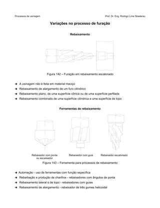 Processos de usinagem Prof. Dr. Eng. Rodrigo Lima Stoeterau
Variações no processo de furação
Rebaixamento
Figura 142 – Furação em rebaixamento escalonado
➔ A usinagem não é feita em material maciço
➔ Rebaixamento de alargamento de um furo cilíndrico
➔ Rebaixamento plano, de uma superfície cônica ou de uma superfície perfilada
➔ Rebaixamento combinado de uma superfície cilíndrica e uma superfície de topo
Ferramentas de rebaixamento
Figura 143 – Ferramenta para processos de rebaixamento
➔ Automação - uso de ferramentas com função específica
➔ Rebarbação e produção de chanfros - rebaixadores com ângulos de ponta
➔ Rebaixamento lateral e de topo - rebaixadores com guias
➔ Rebaixamento de alargamento - rebaixador de três gumes helicoidal
Rebaixador com ponta
ou escareador
Rebaixador com guia Rebaixador escalonado
 