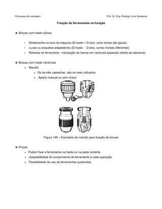 Processos de usinagem Prof. Dr. Eng. Rodrigo Lima Stoeterau
Fixação de ferramentas na furação
➔ Brocas com haste cônica
• Diretamente no eixo da máquina (D haste = D eixo, cone morse são iguais)
• Luvas ou soquetes adaptadores (D haste  D eixo, cones morses diferentes)
• Retirada da ferramenta - introdução de barras em ranhuras especiais (efeito de alavanca)
➔ Brocas com haste cilindricas
➢ Mandril
➢ Os de três castanhas são os mais utilizados
➢ Aperto manual ou com chave
Figura 146 – Exemplos de mandiz para fixação de brocas
➔ Pinças
➢ Podem fixar a ferramenta na haste ou na parte cortante
➢ Adaptabilidade do comprimento da ferramenta à cada operação
➢ Possibilidade do uso de ferramentas quebradas
 