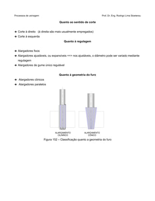 Processos de usinagem Prof. Dr. Eng. Rodrigo Lima Stoeterau
Quanto ao sentido de corte
➔ Corte à direito (à direita são mais usualmente empregados)
➔ Corte à esquerda
Quanto à regulagem
➔ Alargadores fixos
➔ Alargadores ajustáveis, ou expansíveis ==> nos ajustáveis, o diâmetro pode ser variado mediante
regulagem
➔ Alargadores de gume único regulável
Quanto à geometria do furo
➔ Alargadores cônicos
➔ Alargadores paralelos
Figura 152 – Classificação quanto a geometria do furo
ALARGAMENTO
CILÍNRICO
ALARGAMENTO
CÔNICO
 