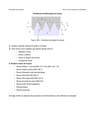 Processos de usinagem Prof. Dr. Eng. Rodrigo Lima Stoeterau
Problemas da fabricação de roscas
Figura 160 – Variáveis de projeto de roscas
➔ Existem diversas classes de ajuste e precisão
➔ Pelo menos cinco medidas que devem ajustar entre si:
• diâmetros maior,
• menor e efetivo,
• passo ou ângulo de avanço,
• e ângulo de rosca
➔ Existem vários de roscas
• Rosca métrica – normal (DIN 13-1), fina (DIN 13-2...10)
• Rosca métrica cônica (DIN 158-1)
• Rosca Whitworth (não recomendada)
• Rosca GAS (DIN ISO 228-1)
• Rosca ISO trapezoidal (DIN 103-1)
• Rosca de dente de serra (DIN 513)
• Roscas UNF (EUA+Inglaterra)
• Roscas Edson
• Roscas especiais
➔ Exige critério na seleção dos processos e de ferramentas e dos métodos de inspeção.
,d
,d2
,d3
p
,h3

D2
D1
H1
D
R
 