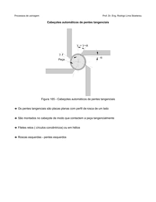 Processos de usinagem Prof. Dr. Eng. Rodrigo Lima Stoeterau
Cabeçotes automáticos de pentes tangenciais
Figura 165 - Cabeçotes automáticos de pentes tangenciais
➔ Os pentes tangenciais são placas planas com perfil de rosca de um lado
➔ São montados no cabeçote de modo que contactem a peça tangencialmente
➔ Filetes retos ( círculos concêntricos) ou em hélice
➔ Roscas esquerdas - pentes esquerdos

Peça

t

 