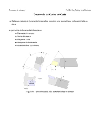 Processos de usinagem Prof. Dr. Eng. Rodrigo Lima Stoeterau
Geometria da Cunha de Corte
➔ Cada par material de ferramenta / material de peça têm uma geometria de corte apropriada ou
ótima
A geometria da ferramenta influência na:
➔ Formação do cavaco
➔ Saída do cavaco
➔ Forças de corte
➔ Desgaste da ferramenta
➔ Qualidade final do trabalho
Figura 17 – Denominações para as ferramentas de tornear





,r
Cunha
de corte
Face
Flanco
 