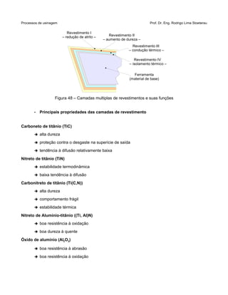 Processos de usinagem Prof. Dr. Eng. Rodrigo Lima Stoeterau
Figura 48 – Camadas multiplas de revestimentos e suas funções
• Principais propriedades das camadas de revestimento
Carboneto de titânio (TiC)
➔ alta dureza
➔ proteção contra o desgaste na superície de saída
➔ tendência à difusão relativamente baixa
Nitreto de titânio (TiN)
➔ estabilidade termodinâmica
➔ baixa tendência à difusão
Carbonitreto de titânio (Ti(C,N))
➔ alta dureza
➔ comportamento frágil
➔ estabilidade térmica
Nitreto de Alumínio-titânio ((Ti, Al)N)
➔ boa resistência à oxidação
➔ boa dureza à quente
Óxido de alumínio (Al2O3)
➔ boa resistência à abrasão
➔ boa resistência à oxidação
Ferramenta
(material de base)
Revestimento I
– redução de atrito – Revestimento II
– aumento de dureza –
Revestimento IV
– isolamento térmico –
Revestimento III
– condução térmico –
 