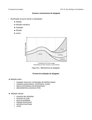 Processos de usinagem Prof. Dr. Eng. Rodrigo Lima Stoeterau
Causas e mecanismos de desgaste
• Danificação do gume devido a solicitações
➔ Adesão
➔ Abrasão mecânica
➔ Oxidação
➔ Difusão
➔ outros
Figura 63 – Mecanismos de desgaste
Formas de avaliação do desgaste
➔ Medição direta
➢ inspeção visual com comparação de padrões (lupas)
➢ mecânica (paquimetros, micrômetros, outros)
➢ óptica (microscópios de ferramentaria)
➢ óptica/eletrônica (cameras CCD)
➔ Medição indireta
➢ aumento das vibrações
➢ aumento do ruído
➢ piora da qualidade
➢ rejeição dimensional
➢ aumentos das forças
➢ outros
Difusão
Abrasão
Oxidação
Adesão
DesgasteTotal
Temperatura de Corte
(Velocidade de Corte; Avanço e outros fatores)
 