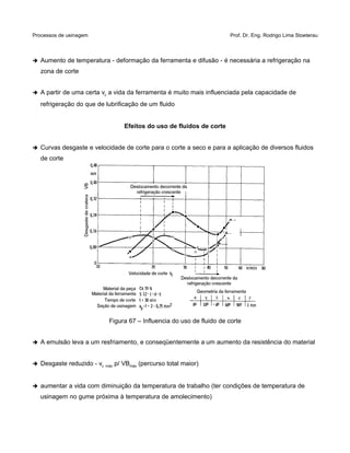 Processos de usinagem Prof. Dr. Eng. Rodrigo Lima Stoeterau
➔ Aumento de temperatura - deformação da ferramenta e difusão - é necessária a refrigeração na
zona de corte
➔ A partir de uma certa vc a vida da ferramenta é muito mais influenciada pela capacidade de
refrigeração do que de lubrificação de um fluido
Efeitos do uso de fluidos de corte
➔ Curvas desgaste e velocidade de corte para o corte a seco e para a aplicação de diversos fluidos
de corte
Figura 67 – Influencia do uso de fluido de corte
➔ A emulsão leva a um resfriamento, e conseqüentemente a um aumento da resistência do material
➔ Desgaste reduzido - vc máx p/ VBmáx (percurso total maior)
➔ aumentar a vida com diminuição da temperatura de trabalho (ter condições de temperatura de
usinagem no gume próxima à temperatura de amolecimento)
 