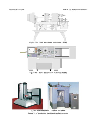 Processos de usinagem Prof. Dr. Eng. Rodrigo Lima Stoeterau
Figura 72 – Torno automático multi-fusos (1894)
Figura 73 – Torno de comando numérico (1981)
(a) M-F alta velocidade (b) M-F hexapode
Figura 74 – Tendências das Máquinas-Ferramentas
 