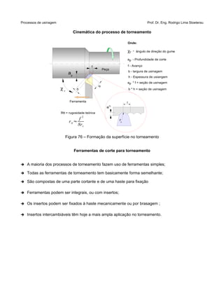Processos de usinagem Prof. Dr. Eng. Rodrigo Lima Stoeterau
Cinemática do processo de torneamento
Figura 76 – Formação da superfície no torneamento
Ferramentas de corte para torneamento
➔ A maioria dos processos de torneamento fazem uso de ferramentas simples;
➔ Todas as ferramentas de torneamento tem basicamente forma semelhante;
➔ São compostas de uma parte cortante e de uma haste para fixação
➔ Ferramentas podem ser integrais, ou com insertos;
➔ Os insertos podem ser fixados à haste mecanicamente ou por brasagem ;
➔ Insertos intercambiáveis têm hoje a mais ampla aplicação no torneamento.
Peça
ap
f
.
b
.h
Onde:
χr - ângulo de direção do gume
ap - Profundidade de corte
f - Avanço
b - largura de usinagem
h - Espessura de usiangem
ap * f = seção de usinagem
b * h = seção de usinagem
Ferramenta
χ r
rε
,f
rtt 
f
2
8r
Rtt = rugosidade teórica
,ap
 