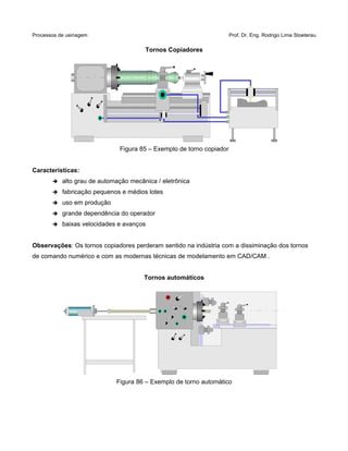 Processos de usinagem Prof. Dr. Eng. Rodrigo Lima Stoeterau
Tornos Copiadores
Figura 85 – Exemplo de torno copiador
Características:
➔ alto grau de automação mecânica / eletrônica
➔ fabricação pequenos e médios lotes
➔ uso em produção
➔ grande dependência do operador
➔ baixas velocidades e avanços
Observações: Os tornos copiadores perderam sentido na indústria com a dissiminação dos tornos
de comando numérico e com as modernas técnicas de modelamento em CAD/CAM .
Tornos automáticos
Figura 86 – Exemplo de torno automático
 