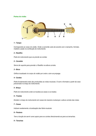 Partes do violão




1 - Tampo

Corresponde ao corpo do violão. Onde a sonoride varia de acordo com o tamanho, formato,
madeira usada na confecção do instrumento.

2 - Rastilho

Parte do instrumento que se prende as cordas

2 - Cavalete

Serve de suporte para prender o Rastilho na altura correta.

3 - Boca

Orifício localizado no corpo do violão por onde o som se propaga.

4 - Cordas

Parte fundamental onde são produzidas as notas musicais. O som e formado a partir da casa
precionada no braço do instrumento.

5 - Braço

Parte do instrumento onde se localiza as casas e os trastes.

6 - Trastes

Dividem o braço do instrumento em casas de maneira à alcançar a altura correta das notas.

7 - Casas

Indicam exatamente a localização das Nota musicais.

8 - Pestana

Tem a função de servir como apoio para as cordas direcionando-as para as tarrachas.

9 - Tarachas
 