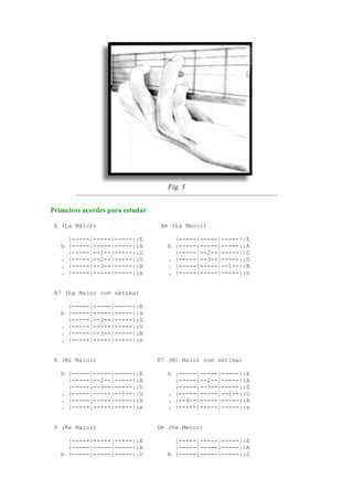 Fig. 3


Primeiros acordes para estudar

 A (La Maior)                     Am (La Menor)

     |-----|-----|-----|:E            |-----|-----|-----|:E
   b |-----|-----|-----|:A          b |-----|-----|-----|:A
     |-----|--1--|-----|:D            |-----|--2--|-----|:D
   . |-----|--2--|-----|:G          . |-----|--3--|-----|:G
   . |-----|--3--|-----|:B          . |-----|-----|--1--|:B
   . |-----|-----|-----|:e          . |-----|-----|-----|:e


 A7 (La Maior com sétima)

     |-----|-----|-----|:E
   b |-----|-----|-----|:A
     |-----|--2--|-----|:D
   . |-----|-----|-----|:G
   . |-----|--3--|-----|:B
   . |-----|-----|-----|:e


 E (Mi Maior)                    E7 (Mi Maior com sétima)

   b |-----|-----|-----|:E          b |-----|-----|-----|:E
     |-----|--2--|-----|:A            |-----|--2--|-----|:A
     |-----|--3--|-----|:D            |-----|--3--|-----|:D
   . |-----|-----|--1--|:G          . |-----|-----|--1--|:G
   . |-----|-----|-----|:B          . |--4--|-----|-----|:B
   . |-----|-----|-----|:e          . |-----|-----|-----|:e


 D (Re Maior)                    Dm (Re Menor)

     |-----|-----|-----|:E            |-----|-----|-----|:E
     |-----|-----|-----|:A            |-----|-----|-----|:A
   b |-----|-----|-----|:D          b |-----|-----|-----|:D
 