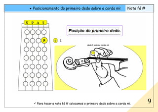 .....
Para tocar a nota fá # colocamos o primeiro dedo sobre a corda mi.
• Posicionamento do primeiro dedo sobre a corda mi:
.
Nota fá #
9
 