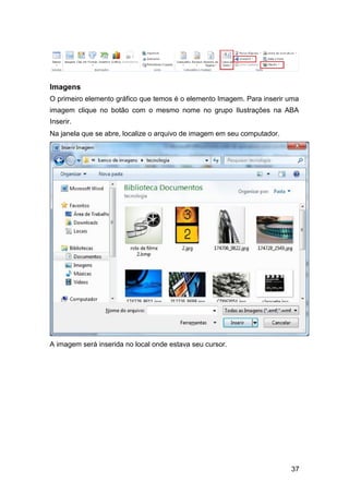Imagens
O primeiro elemento gráfico que temos é o elemento Imagem. Para inserir uma
imagem clique no botão com o mesmo nome no grupo Ilustrações na ABA
Inserir.
Na janela que se abre, localize o arquivo de imagem em seu computador.

A imagem será inserida no local onde estava seu cursor.

37

 