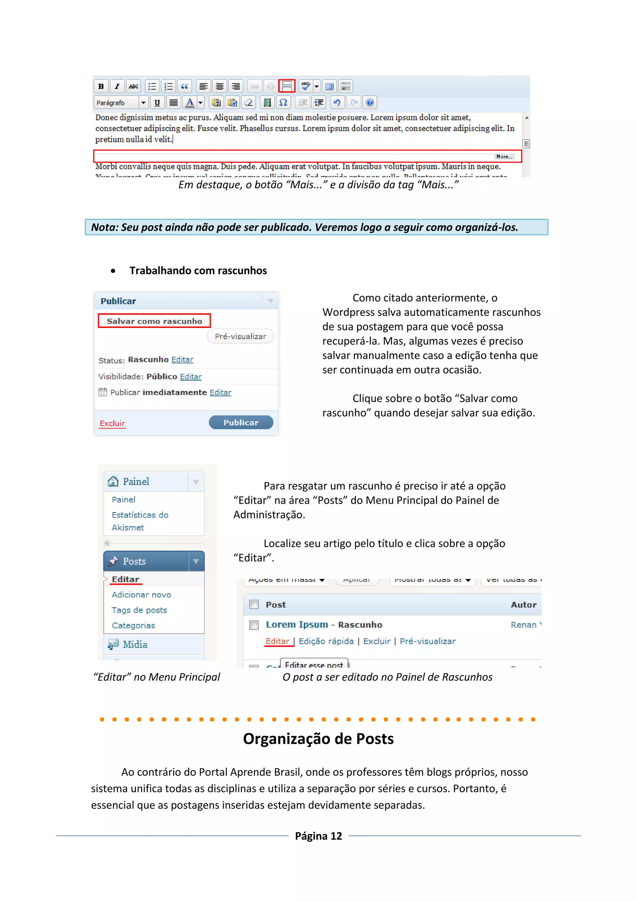 Em destaque, o botão “Mais...” e a divisão da tag “Mais...”


Nota: Seu post ainda não pode ser publicado. Veremos logo a seguir como organizá-los.


       Trabalhando com rascunhos

                                                       Como citado anteriormente, o
                                                Wordpress salva automaticamente rascunhos
                                                de sua postagem para que você possa
                                                recuperá-la. Mas, algumas vezes é preciso
                                                salvar manualmente caso a edição tenha que
                                                ser continuada em outra ocasião.

                                                      Clique sobre o botão “Salvar como
                                                rascunho” quando desejar salvar sua edição.




                                   Para resgatar um rascunho é preciso ir até a opção
                             “Editar” na área “Posts” do Menu Principal do Painel de
                             Administração.

                                   Localize seu artigo pelo título e clica sobre a opção
                             “Editar”.




“Editar” no Menu Principal             O post a ser editado no Painel de Rascunhos




                               Organização de Posts
      Ao contrário do Portal Aprende Brasil, onde os professores têm blogs próprios, nosso
sistema unifica todas as disciplinas e utiliza a separação por séries e cursos. Portanto, é
essencial que as postagens inseridas estejam devidamente separadas.

                                          Página 12
 