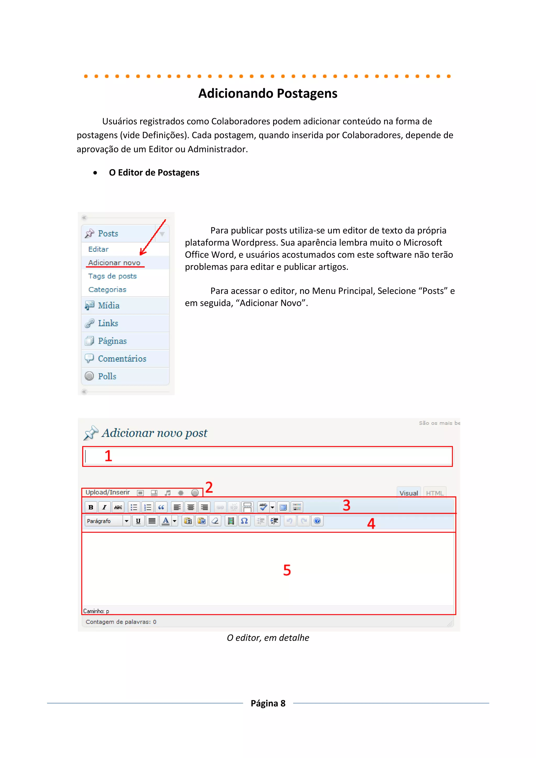 Adicionando Postagens
      Usuários registrados como Colaboradores podem adicionar conteúdo na forma de
postagens (vide Definições). Cada postagem, quando inserida por Colaboradores, depende de
aprovação de um Editor ou Administrador.

      O Editor de Postagens




                                Para publicar posts utiliza-se um editor de texto da própria
                         plataforma Wordpress. Sua aparência lembra muito o Microsoft
                         Office Word, e usuários acostumados com este software não terão
                         problemas para editar e publicar artigos.

                              Para acessar o editor, no Menu Principal, Selecione “Posts” e
                         em seguida, “Adicionar Novo”.




                                   O editor, em detalhe




                                         Página 8
 