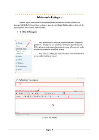 Adicionando Postagens
      Usuários registrados como Colaboradores podem adicionar conteúdo na forma de
postagens (vide Definições). Cada postagem, quando inserida por Colaboradores, depende de
aprovação de um Editor ou Administrador.

      O Editor de Postagens




                                Para publicar posts utiliza-se um editor de texto da própria
                         plataforma Wordpress. Sua aparência lembra muito o Microsoft
                         Office Word, e usuários acostumados com este software não terão
                         problemas para editar e publicar artigos.

                              Para acessar o editor, no Menu Principal, Selecione “Posts” e
                         em seguida, “Adicionar Novo”.




                                   O editor, em detalhe




                                         Página 8
 