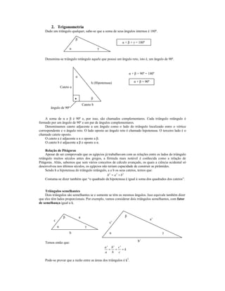 2. Trigonometria
    Dado um triângulo qualquer, sabe-se que a soma de seus ângulos internos é 180º.

                             β
                                                            α + β + γ = 180º
                        α                       γ


    Denomina-se triângulo retângulo aquele que possui um ângulo reto, isto é, um ângulo de 90º.



                                                                  α + β + 90º = 180º
                             α
                                           h (Hipotenusa)            α + β = 90º
                  Cateto a


                                           β
                                     Cateto b
        ângulo de 90º


    A soma de α e β é 90º e, por isso, são chamados complementares. Cada triângulo retângulo é
formado por um ângulo de 90º e um par de ângulos complementares.
    Denominamos cateto adjacente a um ângulo como o lado do triângulo localizado entre o vértice
correspondente e o ângulo reto. O lado oposto ao ângulo reto é chamado hipotenusa. O terceiro lado é o
chamado cateto oposto.
    O cateto a é adjacente a α e oposto a β.
    O cateto b é adjacente a β e oposto a α.

     Relação de Pitágoras
     Apesar de ser comprovado que os egípcios já trabalhavam com as relações entre os lados do triângulo
retângulo muitos séculos antes dos gregos, a fórmula mais notável é conhecida como a relação de
Pitágoras. Aliás, sabemos que sem vários conceitos de cálculo avançado, os quais a ciência ocidental só
desenvolveu nos últimos séculos, os egípcios não teriam capacidade de construir as pirâmides.
     Sendo h a hipotenusa do triângulo retângulo, a e b os seus catetos, temos que:
                                                 h2 = a 2 + b2
     Costuma-se dizer também que “o quadrado da hipotenusa é igual à soma dos quadrados dos catetos”.


    Triângulos semelhantes
    Dois triângulos são semelhantes se e somente se têm os mesmos ângulos. Isso equivale também dizer
que eles têm lados proporcionais. Por exemplo, vamos considerar dois triângulos semelhantes, com fator
de semelhança igual a k.



                    β            a                            β
          c                                                                        a’
                                                       c’
              α                        γ
                        b                              α                                γ

    Temos então que:                                                    b’
                                                    a' b' c'
                                                      = = =k
                                                    a b c

    Pode-se provar que a razão entre as áreas dos triângulos é k2.
 