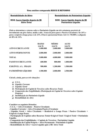 Uma análise comparada RISCO X RETORNO

 Rentabilidade do Ativo                                 Rentabilidade do Patrimônio Líquido

 ROA: Lucro líquido depois do IR                        ROE: Lucro líquido depois do IR
          Ativo Total                                        Patrimônio Líquido



Pede-se determinar o retorno sobre o Patrimônio Líquido em três estruturas possíveis de
investimento em giro: baixo, médio e alto. A taxa de juros para o Passivo Circulante é de 16% e
para o exigível a longo prazo é de 22%. O lucro operacional bruto é de $ 1.750.000 e a alíquota
de IR é de 34%.


                                    BAIXO           MÉDIO           ALTO
                                    (em $)          (em $)          (em $)
ATIVO CIRCULANTE                     1.000.000       2.000.000      3.000.000

ATIVO PERMANENTE                     2.000.000       2.000.000      2.000.000

TOTAL                                3.000.000       4.000.000      5.000.000

PASSIVO CIRCULANTE                        600.000      800.000      1.000.000

EXIGÍVEL A L. PRAZO                       900.000    1.200.000      1.500.000

PATRIMÔNIO LÍQUIDO                   1.500.000       2.000.000      2.500.000


Calcule, ainda, para as três situações:

   a) C.C.L.
   b) Liquidez Corrente
   c) Liquidez Geral
   d) Participação do Capital de Terceiros sobre Recursos Totais
   e) Composição das Exigibilidades (Participação do Capital de Terceiros sobre Capitais
      Próprios)
   f) Imobilização do Patrimônio Líquido
   g) Rentabilidade do Ativo


Considere as seguintes fórmulas:
- C.C.L. = Ativo Circulante – Passivo Circulante
- Liquidez Corrente = Ativo Circulante/Passivo Circulante
- Liquidez Geral = Ativo Circulante + Realizável a Longo Prazo / Passivo Circulante +
Exigível a Longo Prazo.
- Participação de Capitais sobre Recursos Totais=Exigível Total / Exigível Total + Patrimônio
Líquido.
- Composição das Exigibilidades = Capitais de Terceiros / Patrimônio Líquido
- Imobilização do Capital Próprio = Ativo Permanente / Patrimônio Líquido
- Rentabilidade do Ativo = Lucro Líquido após o IR/ Ativo Total

                                                                                                  4
 