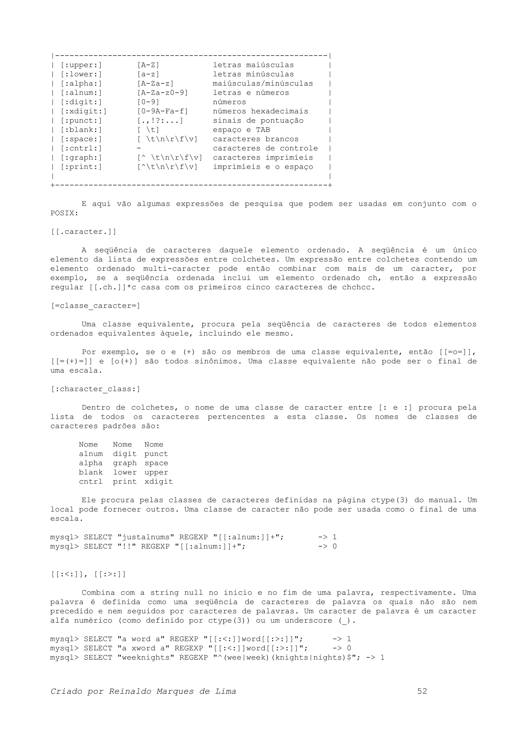 |---------------------------------------------------------| | [:upper:] [A-Z] letras maiúsculas | | [:lower:] [a-z] letras minúsculas | | [:alpha:] [A-Za-z] maiúsculas/minúsculas | | [:alnum:] [A-Za-z0-9] letras e números | | [:digit:] [0-9] números | | [:xdigit:] [0-9A-Fa-f] números hexadecimais | | [:punct:] [.,!?:...] sinais de pontuação | | [:blank:] [ t] espaço e TAB | | [:space:] [ tnrfv] caracteres brancos | | [:cntrl:] - caracteres de controle | | [:graph:] [^ tnrfv] caracteres imprimíeis | | [:print:] [^tnrfv] imprimíeis e o espaço | | | +---------------------------------------------------------+ E aqui vão algumas expressões de pesquisa que podem ser usadas em conjunto com o POSIX: [[.caracter.]] A seqüência de caracteres daquele elemento ordenado. A seqüência é um único elemento da lista de expressões entre colchetes. Um expressão entre colchetes contendo um elemento ordenado multi-caracter pode então combinar com mais de um caracter, por exemplo, se a seqüência ordenada inclui um elemento ordenado ch, então a expressão regular [[.ch.]]*c casa com os primeiros cinco caracteres de chchcc. [=classe_caracter=] Uma classe equivalente, procura pela seqüência de caracteres de todos elementos ordenados equivalentes àquele, incluindo ele mesmo. Por exemplo, se o e (+) são os membros de uma classe equivalente, então [[=o=]], [[=(+)=]] e [o(+)] são todos sinônimos. Uma classe equivalente não pode ser o final de uma escala. [:character_class:] Dentro de colchetes, o nome de uma classe de caracter entre [: e :] procura pela lista de todos os caracteres pertencentes a esta classe. Os nomes de classes de caracteres padrões são: Nome Nome Nome alnum digit punct alpha graph space blank lower upper cntrl print xdigit Ele procura pelas classes de caracteres definidas na página ctype(3) do manual. Um local pode fornecer outros. Uma classe de caracter não pode ser usada como o final de uma escala. mysql> SELECT "justalnums" REGEXP "[[:alnum:]]+"; -> 1 mysql> SELECT "!!" REGEXP "[[:alnum:]]+"; -> 0 [[:<:]], [[:>:]] Combina com a string null no inicio e no fim de uma palavra, respectivamente. Uma palavra é definida como uma seqüência de caracteres de palavra os quais não são nem precedido e nem seguidos por caracteres de palavras. Um caracter de palavra é um caracter alfa numérico (como definido por ctype(3)) ou um underscore (_). mysql> SELECT "a word a" REGEXP "[[:<:]]word[[:>:]]"; -> 1 mysql> SELECT "a xword a" REGEXP "[[:<:]]word[[:>:]]"; -> 0 mysql> SELECT "weeknights" REGEXP "^(wee|week)(knights|nights)$"; -> 1 Criado por Reinaldo Marques de Lima 52 