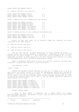 mysql> SELECT "Bn" REGEXP "^Ba+n"; -> 0
a? - Combina com zero ou um caracter a.
mysql> SELECT "Bn" REGEXP "^Ba?n"; -> 1
mysql> SELECT "Ban" REGEXP "^Ba?n"; -> 1
mysql> SELECT "Baan" REGEXP "^Ba?n"; -> 0
de|abc - Combina tanto com a seqüência de como com abc.
mysql> SELECT "pi" REGEXP "pi|apa"; -> 1
mysql> SELECT "axe" REGEXP "pi|apa"; -> 0
mysql> SELECT "apa" REGEXP "pi|apa"; -> 1
mysql> SELECT "apa" REGEXP "^(pi|apa)$"; -> 1
mysql> SELECT "pi" REGEXP "^(pi|apa)$"; -> 1
mysql> SELECT "pix" REGEXP "^(pi|apa)$"; -> 0
(abc)* - Combina com zero ou mais instâncias da seqüência abc.
mysql> SELECT "pi" REGEXP "^(pi)*$"; -> 1
mysql> SELECT "pip" REGEXP "^(pi)*$"; -> 0
mysql> SELECT "pipi" REGEXP "^(pi)*$"; -> 1
Existe um modo mais geral de se escrever regexp que combinam com muitas
ocorrências de um átomo anterior.
a* - Pode ser escrito como a{0,}.
a+ - Pode ser escrito como a{1,}.
a? - Pode ser escrito como a{0,1}.
Para ser mais preciso, um átomo seguido por um limite contendo um inteiro i e
nenhuma vírgula casa com uma seqüência de exatamente i combinações do átomo. Um átomo
seguido por um limite contendo i e uma virgula casa com uma seqüência de i ou mais
combinações do átomo. Um átomo seguido por um limite contendo dois inteiros i e j casa
com uma seqüência de i até j (inclusive) combinações de átomos.
Ambos os argumentos devem estar na faixa de 0 até 255, inclusive. Se houver dois
argumentos, o segundo deve ser maior ou igual ao primeiro.
Como funciona a lista:
[a-dX], [^a-dX]
Combina com qualquer caracter que seja (ou não, se ^ é usado) a, b, c, d ou X.
Para incluir um caracter literal ], ele deve ser imediatamente seguido pelo colchete de
abertura [. Para incluir um caracter literal -, ele deve ser escrito primeiro ou por
ultimo. Assim o [0-9] encontra qualquer dígito decimal. Qualquer caracter que não tenha
um significado definido dentro de um para [] não tem nenhum significado especial e
combina apenas com ele mesmo.
mysql> SELECT "aXbc" REGEXP "[a-dXYZ]"; -> 1
mysql> SELECT "aXbc" REGEXP "^[a-dXYZ]$"; -> 0
mysql> SELECT "aXbc" REGEXP "^[a-dXYZ]+$"; -> 1
mysql> SELECT "aXbc" REGEXP "^[^a-dXYZ]+$"; -> 0
mysql> SELECT "gheis" REGEXP "^[^a-dXYZ]+$"; -> 1
mysql> SELECT "gheisa" REGEXP "^[^a-dXYZ]+$"; -> 0
Usando o padrão POSIX:
O banco de dados MySQL é compatível com o padrão POSIX, com algumas
particularidades próprias, como veremos a seguir, aqui vai uma listinha da classe POSIX
para expressões regulares.
+---------------------------------------------------------+
| Classe: Similar à: Significa: |
Criado por Reinaldo Marques de Lima 51
 
