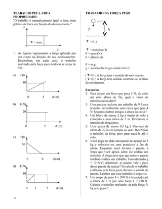 TRABALHO PELA ÁREA
PROPRIEDADE:
"O trabalho é numericamente igual a área, num
gráfico da força em função do deslocamento."
F
τ = área
d
1. As figuras representam a força aplicada por
um corpo na direção do seu deslocamento.
Determinar, em cada caso, o trabalho
realizado pela força para deslocar o corpo de
5m.
a) F(N)
10 .....................
0 5 d (m)
b) F(N)
20
0 5 d (m)
c) F(N)
30
0 6 d (m)
d) F(N)
10 .........
0 2 5 d (m)
TRABALHO DA FORÇA PESO
-------
P h
τ = P. h
τ = trabalho (J)
P = peso (N)
h = altura (m)
P = m.g
g = aceleração da gravidade (m/s2
)
( τ>0) : A força tem o sentido do movimento.
( τ<0) : A força tem sentido contrario ao sentido
do movimento.
Exercícios
2. Para elevar um livro que pesa 5 N, do chão
até uma altura de 2m, qual o valor do
trabalho necessário?
3. Uma pessoa realizou um trabalho de 9 J para
levantar verticalmente uma caixa que pesa 4
N. Quantos metros atingiu a altura da caixa?
4. Um bloco de massa 2 kg é tirado do solo e
colocado a uma altura de 5 m. Determine o
trabalho da força peso.
5. Uma pedra de massa 0,5 kg é libertada da
altura de 20 m em relação ao solo. Determine
o trabalho da força peso para trazê-la até o
solo.
6. Você pega do chão um pacote de açúcar de 5
kg e coloca-o em uma prateleira a 2m de
altura. Enquanto você levanta o pacote, a
força que você aplica sobre ele realiza um
trabalho. A força peso que age sobre o pacote
também realiza um trabalho. Considerando g
= 10 m/s2
, determine: a) quanto vale o peso
desse pacote de açúcar? b) calcule o trabalho
realizado pela força peso durante a subida do
pacote. Lembre que esse trabalho é negativo.
7. Um corpo de peso P = 200 N é levantado até
a altura de 2 m por uma força F = 250 N.
Calcule o trabalho realizado: a) pela força F;
b) pelo peso P.
15
 
