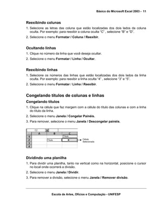 Básico do Microsoft Excel 2003 - 11

Reexibindo colunas
1. Selecione as letras das coluna que estão localizadas dos dois lados da coluna
oculta. Por exemplo: para reexibir a coluna oculta “C” , selecione “B” e “D”.
2. Selecione o menu Formatar / Coluna / Reexibir.

Ocultando linhas
1. Clique no número da linha que você deseja ocultar.
2. Selecione o menu Formatar / Linha / Ocultar.

Reexibindo linhas
1. Selecione os números das linhas que estão localizadas dos dois lados da linha
oculta. Por exemplo: para reexibir a linha oculta “4” , selecione “3” e “5”.
2. Selecione o menu Formatar / Linha / Reexibir.

Congelando títulos de colunas e linhas
Congelando títulos
1. Clique na célula que faz margem com a célula do título das colunas e com a linha
do título da linha.
2. Selecione o menu Janela / Congelar Painéis.
3. Para remover, selecione o menu Janela / Descongelar painéis.

Título
Título

Célula
Selecionada

Dividindo uma planilha
1. Para dividir uma planilha, tanto na vertical como na horizontal, posicione o cursor
no local onde ocorrerá a divisão.
2. Selecione o menu Janela / Dividir.
3. Para remover a divisão, selecione o menu Janela / Remover divisão.

Escola de Artes, Ofícios e Computação - UNIFESP

 