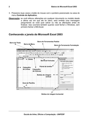 Básico do Microsoft Excel 2003

2

3. Pressione duas vezes o botão do mouse com o ponteiro posicionado na caixa do
menu Controle do Aplicativo.
Observação: se você efetuou alterações em qualquer documento ou modelo desde
a última vez em que ele foi salvo, será emitida uma mensagem
perguntando se você quer salvar ou não as alterações antes de
finalizar. Isso ocorrerá também quando você fechar o Windows, sem
primeiro fechar o MS-Excel.

Conhecendo a janela do Microsoft Excel 2003
Barra de Título

Barra de Ferramentas Padrão
Barra de Menu

Célula

Cabeçalho
de Linhas

Barra de Ferramenta Formatação

Barra de Fórmulas

Painel de tarefas
Cabeçalho
de Colunas
Botões de rolagem
vertical

Guia de Planilha

Botões de rolagem horizontal

Escola de Artes, Ofícios e Computação - UNIFESP

 
