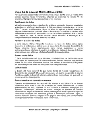 Básico do Microsoft Excel 2003 -

3

O que há de novo no Microsoft Excel 2003
Para quem está acostumado com versões mais antigas do MS-Excel, a versão 2003
oferece algumas novas ferramentas, algumas já existentes na versão XP do
programa. O programa inclui os seguintes novos recursos:
Desbloqueio de dados
Várias ferramentas facilitam a localização, análise e publicação de dados associados
a planilhas do MS-Excel. As Consultas à Web simplificam a vinculação a dados na
Web. O recurso autoRepublicar página da Web sincronizará automaticamente as
páginas da Web sempre que você salvar o documento. Copiar/Colar consulta à Web
irá estabelecer um vínculo automático com dados na Web quando você os colar de
uma página da Web. A opção Importar dados simplifica a localização e o
compartilhamento de fontes de dados no MS-Excel.
Relatórios e análise de dados
O novo recurso Marca inteligente reconhece os tipos de dados, como ações
financeiras e endereços, e atribui ações a esses itens. Os recursos de relatório de
Tabela dinâmica foram aperfeiçoados com menus suspensos e outros
aprimoramentos da interface de usuário. A análise dos dados de tabelas dinâmicas
foi simplificada com a fórmula InfoDadosTabelaDinâmica automática.
Acesso a mais dados
O Excel trabalha com mais tipos de dados, incluindo fontes de dados comuns na
Web. Agora, há suporte para XML como um formato de troca de dados e as planilhas
podem ser vinculadas diretamente a dados XML na Web. A nova função RTD (dados
em tempo real) insere dados em tempo real no Excel para análise.
Confiabilidade
O Excel está mais confiável do que nunca devido ao recurso Recuperação de
documentos do Microsoft Office. Além disso, após um evento inesperado, o recurso
AutoRecuperação do Excel irá retomar exatamente ao mesmo lugar em que você se
encontrava antes desse evento.
Aprimoramentos em comandos e recursos
Diversos aprimoramentos em recursos do produto e em comandos de menus
simplificam ainda mais o uso do MS-Excel em áreas fundamentais, incluindo
gerenciamento de links, procuras do tipo Localizar e substituir, navegação por
hiperlinks, classificação, desenho de bordas, inserção de formatos de número
internacionais, edição de células na vertical, verificação de erros e personalização de
cabeçalhos e rodapés com elementos gráficos e informações adicionais. Agora, o
recurso Intelliprint elimina a impressão de páginas em branco, um aprimoramento
criado para economizar recursos de papel e impressão.

Escola de Artes, Ofícios e Computação - UNIFESP

 