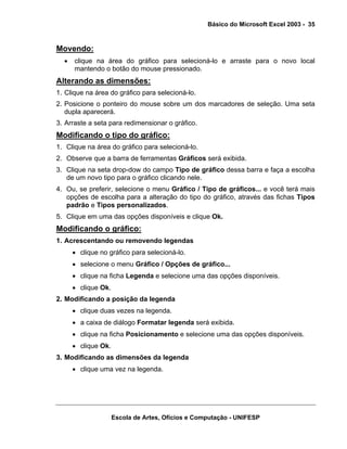 Básico do Microsoft Excel 2003 - 35

Movendo:
•

clique na área do gráfico para selecioná-lo e arraste para o novo local
mantendo o botão do mouse pressionado.

Alterando as dimensões:
1. Clique na área do gráfico para selecioná-lo.
2. Posicione o ponteiro do mouse sobre um dos marcadores de seleção. Uma seta
dupla aparecerá.
3. Arraste a seta para redimensionar o gráfico.

Modificando o tipo do gráfico:
1. Clique na área do gráfico para selecioná-lo.
2. Observe que a barra de ferramentas Gráficos será exibida.
3. Clique na seta drop-dow do campo Tipo de gráfico dessa barra e faça a escolha
de um novo tipo para o gráfico clicando nele.
4. Ou, se preferir, selecione o menu Gráfico / Tipo de gráficos... e você terá mais
opções de escolha para a alteração do tipo do gráfico, através das fichas Tipos
padrão e Tipos personalizados.
5. Clique em uma das opções disponíveis e clique Ok.

Modificando o gráfico:
1. Acrescentando ou removendo legendas
• clique no gráfico para selecioná-lo.
• selecione o menu Gráfico / Opções de gráfico...
• clique na ficha Legenda e selecione uma das opções disponíveis.
• clique Ok.
2. Modificando a posição da legenda
• clique duas vezes na legenda.
• a caixa de diálogo Formatar legenda será exibida.
• clique na ficha Posicionamento e selecione uma das opções disponíveis.
• clique Ok.
3. Modificando as dimensões da legenda
• clique uma vez na legenda.

Escola de Artes, Ofícios e Computação - UNIFESP

 
