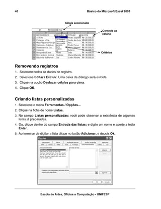 Básico do Microsoft Excel 2003

40

Célula selecionada
Controle da
coluna

Critérios

Removendo registros
1. Selecione todos os dados do registro.
2. Selecione Editar / Excluir. Uma caixa de diálogo será exibida.
3. Clique na opção Deslocar células para cima.
4. Clique OK.

Criando listas personalizadas
1. Selecione o menu Ferramentas / Opções...
2. Clique na ficha de nome Listas.
3. No campo Listas personalizadas: você pode observar a existência de algumas

listas já preparadas.
4. Ou, clique dentro do campo Entrada das listas: e digite um nome e aperte a tecla

Enter.
5. Ao terminar de digitar a lista clique no botão Adicionar, e depois Ok.

Escola de Artes, Ofícios e Computação - UNIFESP

 