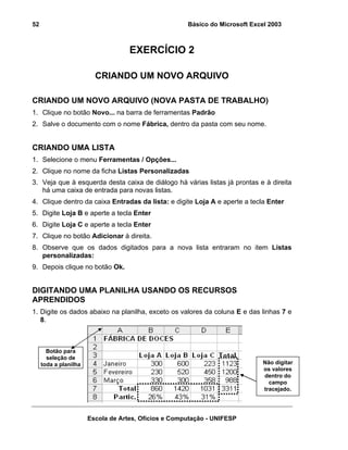 Básico do Microsoft Excel 2003

52

EXERCÍCIO 2
CRIANDO UM NOVO ARQUIVO
CRIANDO UM NOVO ARQUIVO (NOVA PASTA DE TRABALHO)
1. Clique no botão Novo... na barra de ferramentas Padrão
2. Salve o documento com o nome Fábrica, dentro da pasta com seu nome.

CRIANDO UMA LISTA
1. Selecione o menu Ferramentas / Opções...
2. Clique no nome da ficha Listas Personalizadas
3. Veja que à esquerda desta caixa de diálogo há várias listas já prontas e à direita
há uma caixa de entrada para novas listas.
4. Clique dentro da caixa Entradas da lista: e digite Loja A e aperte a tecla Enter
5. Digite Loja B e aperte a tecla Enter
6. Digite Loja C e aperte a tecla Enter
7. Clique no botão Adicionar à direita.
8. Observe que os dados digitados para a nova lista entraram no item Listas
personalizadas:
9. Depois clique no botão Ok.

DIGITANDO UMA PLANILHA USANDO OS RECURSOS
APRENDIDOS
1. Digite os dados abaixo na planilha, exceto os valores da coluna E e das linhas 7 e
8.

Botão para
seleção de
toda a planilha

Não digitar
os valores
dentro do
campo
tracejado.

Escola de Artes, Ofícios e Computação - UNIFESP

 