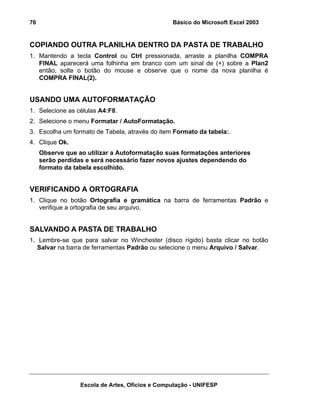 Básico do Microsoft Excel 2003

76

COPIANDO OUTRA PLANILHA DENTRO DA PASTA DE TRABALHO
1. Mantendo a tecla Control ou Ctrl pressionada, arraste a planilha COMPRA
FINAL aparecerá uma folhinha em branco com um sinal de (+) sobre a Plan2
então, solte o botão do mouse e observe que o nome da nova planilha é
COMPRA FINAL(2).

USANDO UMA AUTOFORMATAÇÃO
1. Selecione as células A4:F8.
2. Selecione o menu Formatar / AutoFormatação.
3. Escolha um formato de Tabela, através do item Formato da tabela:.
4. Clique Ok.
Observe que ao utilizar a Autoformatação suas formatações anteriores
serão perdidas e será necessário fazer novos ajustes dependendo do
formato da tabela escolhido.

VERIFICANDO A ORTOGRAFIA
1. Clique no botão Ortografia e gramática na barra de ferramentas Padrão e
verifique a ortografia de seu arquivo.

SALVANDO A PASTA DE TRABALHO
1. Lembre-se que para salvar no Winchester (disco rígido) basta clicar no botão
Salvar na barra de ferramentas Padrão ou selecione o menu Arquivo / Salvar.

Escola de Artes, Ofícios e Computação - UNIFESP

 