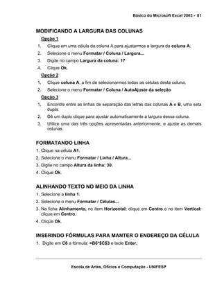 Básico do Microsoft Excel 2003 - 81

MODIFICANDO A LARGURA DAS COLUNAS
Opção 1
1.

Clique em uma célula da coluna A para ajustarmos a largura da coluna A.

2.

Selecione o menu Formatar / Coluna / Largura...

3.

Digite no campo Largura da coluna: 17

4.

Clique Ok.

Opção 2
1.

Clique coluna A, a fim de selecionarmos todas as células desta coluna.

2.

Selecione o menu Formatar / Coluna / AutoAjuste da seleção

Opção 3
1.

Encontre entre as linhas de separação das letras das colunas A e B, uma seta
dupla.

2.

Dê um duplo clique para ajustar automaticamente a largura dessa coluna.

3.

Utilize uma das três opções apresentadas anteriormente, e ajuste as demais
colunas.

FORMATANDO LINHA
1. Clique na célula A1.
2. Selecione o menu Formatar / Linha / Altura...
3. Digite no campo Altura da linha: 30.
4. Clique Ok.

ALINHANDO TEXTO NO MEIO DA LINHA
1. Selecione a linha 1.
2. Selecione o menu Formatar / Células...
3. Na ficha Alinhamento, no item Horizontal: clique em Centro e no item Vertical:
clique em Centro.
4. Clique Ok.

INSERINDO FÓRMULAS PARA MANTER O ENDEREÇO DA CÉLULA
1. Digite em C6 a fórmula: =B6*$C$3 e tecle Enter.

Escola de Artes, Ofícios e Computação - UNIFESP

 