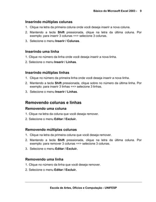 Básico do Microsoft Excel 2003 -

9

Inserindo múltiplas colunas
1. Clique na letra da primeira coluna onde você deseja inserir a nova coluna.
2. Mantendo a tecla Shift pressionada, clique na letra da última coluna. Por
exemplo: para inserir 3 colunas ==> selecione 3 colunas.
3. Selecione o menu Inserir / Colunas.

Inserindo uma linha
1. Clique no número da linha onde você deseja inserir a nova linha.
2. Selecione o menu Inserir / Linhas.

Inserindo múltiplas linhas
1. Clique no número da primeira linha onde você deseja inserir a nova linha.
2. Mantendo a tecla Shift pressionada, clique sobre no número da última linha. Por
exemplo: para inserir 3 linhas ==> selecione 3 linhas.
3. Selecione o menu Inserir / Linhas.

Removendo colunas e linhas
Removendo uma coluna
1. Clique na letra da coluna que você deseja remover.
2. Selecione o menu Editar / Excluir.

Removendo múltiplas colunas
1. Clique na letra da primeira coluna que você deseja remover.
2. Mantendo a tecla Shift pressionada, clique na letra da última coluna. Por
exemplo: para remover 3 colunas ==> selecione 3 colunas.
3. Selecione o menu Editar / Excluir.

Removendo uma linha
1. Clique no número da linha que você deseja remover.
2. Selecione o menu Editar / Excluir.

Escola de Artes, Ofícios e Computação - UNIFESP

 