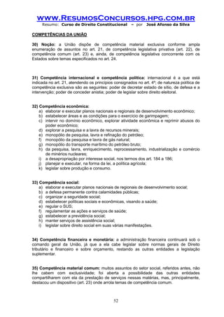 www.ResumosConcursos.hpg.com.br 
Resumo: Curso de Direito Constitucional – por José Afonso da Silva 
52 
COMPETÊNCIAS DA UNIÃO 
30) Noção: a União dispõe de competência material exclusiva conforme ampla enumeração de assuntos no art. 21, de competência legislativa privativa (art. 22), de competência comum (art. 23) e, ainda, de competência legislativa concorrente com os Estados sobre temas especificados no art. 24. 
31) Competência internacional e competência política: internacional é a que está indicada no art. 21, atendendo os princípios consignados no art. 4º; de natureza política de competência exclusiva são as seguintes: poder de decretar estado de sítio, de defesa e a intervenção; poder de conceder anistia; poder de legislar sobre direito eleitoral. 
32) Competência econômica: 
a) elaborar e executar planos nacionais e regionais de desenvolvimento econômico; 
b) estabelecer áreas e as condições para o exercício de garimpagem; 
c) intervir no domínio econômico, explorar atividade econômica e reprimir abusos do poder econômico; 
d) explorar a pesquisa e a lavra de recursos minerais; 
e) monopólio de pesquisa, lavra e refinação do petróleo; 
f) monopólio da pesquisa e lavra de gás natural; 
g) monopólio do transporte marítimo do petróleo bruto; 
h) da pesquisa, lavra, enriquecimento, reprocessamento, industrialização e comércio de minérios nucleares; 
i) a desapropriação por interesse social, nos termos dos art. 184 a 186; 
j) planejar e executar, na forma da lei, a política agrícola; 
k) legislar sobre produção e consumo. 
33) Competência social: 
a) elaborar e executar planos nacionais de regionais de desenvolvimento social; 
b) a defesa permanente contra calamidades públicas; 
c) organizar a seguridade social; 
d) estabelecer políticas sociais e econômicas, visando a saúde; 
e) regular o SUS; 
f) regulamentar as ações e serviços de saúde; 
g) estabelecer a previdência social; 
h) manter serviços de assistência social; 
i) legislar sobre direito social em suas várias manifestações. 
34) Competência financeira e monetária: a administração financeira continuará sob o comando geral da União, já que a ela cabe legislar sobre normas gerais de Direito tributário e financeiro e sobre orçamento, restando as outras entidades a legislação suplementar. 
35) Competência material comum: muitos assuntos do setor social, referidos antes, não lhe cabem com exclusividade; foi aberta a possibilidade das outras entidades compartilharem com ela da prestação de serviços nessas matérias, mas, principalmente, destacou um dispositivo (art. 23) onde arrola temas de competência comum. 
 