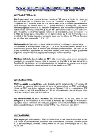 www.ResumosConcursos.hpg.com.br 
Resumo: Curso de Direito Constitucional – por José Afonso da Silva 
59 
JUSTIÇA DO TRABALHO 
71) Organização: sua organização compreende o TST, que é o órgão de cúpula, os Tribunais Regionais do Trabalho e as Juntas de Conciliação e Julgamento (111); o TST compõe-se de 27 Ministros, mais de 35 e menos de 65 anos, nomeados pelo Presidente, após aprovação do Senado, sendo: 17 (11 juízes de carreira, 3 advogados, 3 do MP do Trabalho) togados vitalícios e 10 classistas temporários, com representação paritária dos trabalhadores e empregadores (111, § 1º); Os TRT serão compostos de Juízes nomeados pelo Presidente, sendo 2/3 de togados vitalícios e 1/3 de juízes classistas temporários (112 a 115); as Juntas serão instituídas em lei, compondo-se de 1 juiz do trabalho, que a presidirá, e de 2 juízes classistas, nomeados estes pelo presidente do TRT, na forma da lei, permitida uma recondução (112 e 116). 
72) Competência: compete conciliar e julgar os dissídios individuais e coletivos entre 
trabalhadores e empregadores, abrangendo os entes de direito público externo e da administração pública direta e indireta das entidades governamentais, na forma da lei, outras controvérsias decorrentes da relação de trabalho, bem como os litígios que tenham origem no cumprimento de suas próprias sentenças, inclusive coletivas. 
73) Recorribilidade das decisões do TST: são irrecorríveis, salvo as que denegarem mandado de segurança, hábeas data e mandado de injunção e as que contrariem a Constituição ou declarem a inconstitucionalidade de tratado ou lei federal, caso em que caberá, respectivamente, recurso ordinário e extraordinário para o STF. 
JUSTIÇA ELEITORAL 
74) Organização e competência: serão dispostas por lei complementar (121), mas a CF já oferece um esquema básico de sua estrutura; ela se compõe de um TSE, seu órgão de cúpula, de TRE, e de Juízes eleitorais e de Juntas Eleitorais (118); a composição do TSE está prevista no art. 119; a do TER no art. 120; os juízes eleitorais, são os próprios juízes de direito da organização judiciária estadual (121). 
75) Recorribilidade de suas decisões: são irrecorríveis as do TSE, salvo as que denegarem o hábeas corpus, o hábeas data, o mandado de segurança e o mandado de injunção e as que contrariem a Constituição, julgarem a inconstitucionalidade de lei federal, das quais caberá recurso ordinário e extraordinário, respectivamente para o STF. 
JUSTIÇA MILITAR 
76) Composição: compreende o STM, os Tribunais de Juízes militares instituídos em lei, que são as Auditorias Militares, existentes nas circunscrições judiciárias, conforme dispõe a Lei de Organização Judiciária Militar (Decreto-lei 1003/69); a composição do STM está no art. 123. 
 