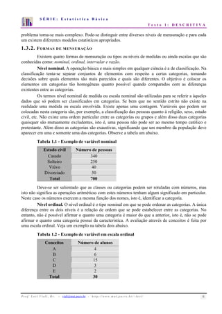 S É R I E : E s t a t í s t i c a B á s i c a 
T e x t o 1 : D E S C R I T I V A 
7 
6 
5 
4 
3 
2 
1 
0 
1 2 3 4 5 6 7 8 9 10 
problema torna-se mais complexo. Pode-se distinguir entre diversos níveis de mensuração e para cada 
um existem diferentes modelos estatísticos apropriados. 
1.3.2. FORMAS DE MENSURAÇÃO 
Existem quatro formas de mensuração ou tipos ou níveis de medidas ou ainda escalas que são 
conhecidas como: nominal, ordinal, intervalar e razão. 
Nível nominal. A operação básica e mais simples em qualquer ciência é a de classificação. Na 
classificação tenta-se separar conjuntos de elementos com respeito a certas categorias, tomando 
decisões sobre quais elementos são mais parecidos e quais são diferentes. O objetivo é colocar os 
elementos em categorias tão homogêneas quanto possível quando comparados com as diferenças 
existentes entre as categorias. 
Os termos nível nominal de medida ou escala nominal são utilizadas para se referir a àqueles 
dados que só podem ser classificados em categorias. Se bem que no sentido estrito não existe na 
realidade uma medida ou escala envolvida. Existe apenas uma contagem. Variáveis que podem ser 
colocadas nesta categoria são, por exemplo, a classificação das pessoas quanto à religião, sexo, estado 
civil, etc. Não existe uma ordem particular entre as categorias ou grupos e além disso duas categorias 
quaisquer são mutuamente excludentes, isto é, uma pessoa não pode ser ao mesmo tempo católico e 
protestante. Além disso as categorias são exaustivas, significando que um membro da população deve 
aparecer em uma e somente uma das categorias. Observe a tabela um abaixo. 
Tabela 1.1 - Exemplo de variável nominal 
Estado civil Número de pessoas 
Casado 340 
Solteiro 250 
Viúvo 40 
Divorciado 50 
Total 700 
Deve-se ser salientado que as classes ou categorias podem ser rotuladas com números, mas 
isto não significa as operações aritméticas com estes números tenham algum significado em particular. 
Neste caso os números exercem a mesma função dos nomes, isto é, identificar a categoria. 
Nível ordinal. O nível ordinal é o tipo nominal em que se pode ordenar as categorias. A única 
diferença entre os dois níveis é a relação de ordem que se pode estabelecer entre as categorias. No 
entanto, não é possível afirmar o quanto uma categoria é maior do que a anterior, isto é, não se pode 
afirmar o quanto uma categoria possui da característica. A avaliação através de conceitos é feita por 
uma escala ordinal. Veja um exemplo na tabela dois abaixo. 
Tabela 1.2 - Exemplo de variável em escala ordinal 
Conceitos Número de alunos 
A 4 
B 6 
C 15 
D 3 
E 2 
Total 30 
P r o f. L o r í Vi a l i , D r . − viali@mat.pucrs.br - h t t p ://www.m at . p u c r s . b r/ ~ l o r i / 6 
 