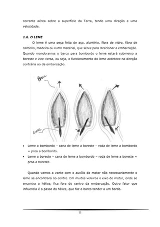 11
corrente aérea sobre a superfície da Terra, tendo uma direção e uma
velocidade.
1.6. O LEME
O leme é uma peça feita de aço, alumínio, fibra de vidro, fibra de
carbono, madeira ou outro material, que serve para direcionar a embarcação.
Quando manobramos o barco para bombordo o leme estará submerso a
boreste e vice-versa, ou seja, o funcionamento do leme acontece na direção
contrária ao da embarcação.
 Leme a bombordo – cana de leme a boreste – roda de leme a bombordo
= proa a bombordo.
 Leme a boreste – cana de leme a bombordo – roda de leme a boreste =
proa a boreste.
Quando vamos a vante com o auxílio do motor não necessariamente o
leme se encontrará no centro. Em muitos veleiros o eixo do motor, onde se
encontra a hélice, fica fora do centro da embarcação. Outro fator que
influencia é o passo do hélice, que faz o barco tender a um bordo.
 