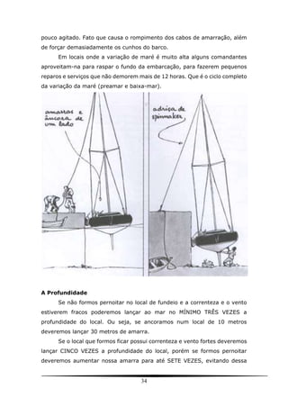 34
pouco agitado. Fato que causa o rompimento dos cabos de amarração, além
de forçar demasiadamente os cunhos do barco.
Em locais onde a variação de maré é muito alta alguns comandantes
aproveitam-na para raspar o fundo da embarcação, para fazerem pequenos
reparos e serviços que não demorem mais de 12 horas. Que é o ciclo completo
da variação da maré (preamar e baixa-mar).
A Profundidade
Se não formos pernoitar no local de fundeio e a correnteza e o vento
estiverem fracos poderemos lançar ao mar no MÍNIMO TRÊS VEZES a
profundidade do local. Ou seja, se ancoramos num local de 10 metros
deveremos lançar 30 metros de amarra.
Se o local que formos ficar possui correnteza e vento fortes deveremos
lançar CINCO VEZES a profundidade do local, porém se formos pernoitar
deveremos aumentar nossa amarra para até SETE VEZES, evitando dessa
 