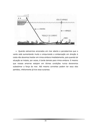38
 Quando estivermos ancorados em mar aberto e percebermos que o
vento está aumentando muito e empurrando a embarcação em direção à
costa não devemos hesitar em irmos embora imediatamente, pois quando tal
situação se instala, por vezes, é tarde demais para irmos embora. E mesmo
que nossas amarras estejam em ótimas condições nunca deveremos
subestimar a força do mar. Até mesmo correntes podem ter seus elos
partidos, infelizmente já tive essa surpresa.
 